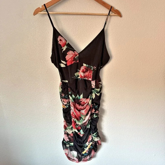 LUSH x NORDSTROM | Black Floral Stretch Spaghetti Strap Mini Dress | Medium - Picture 1 of 8